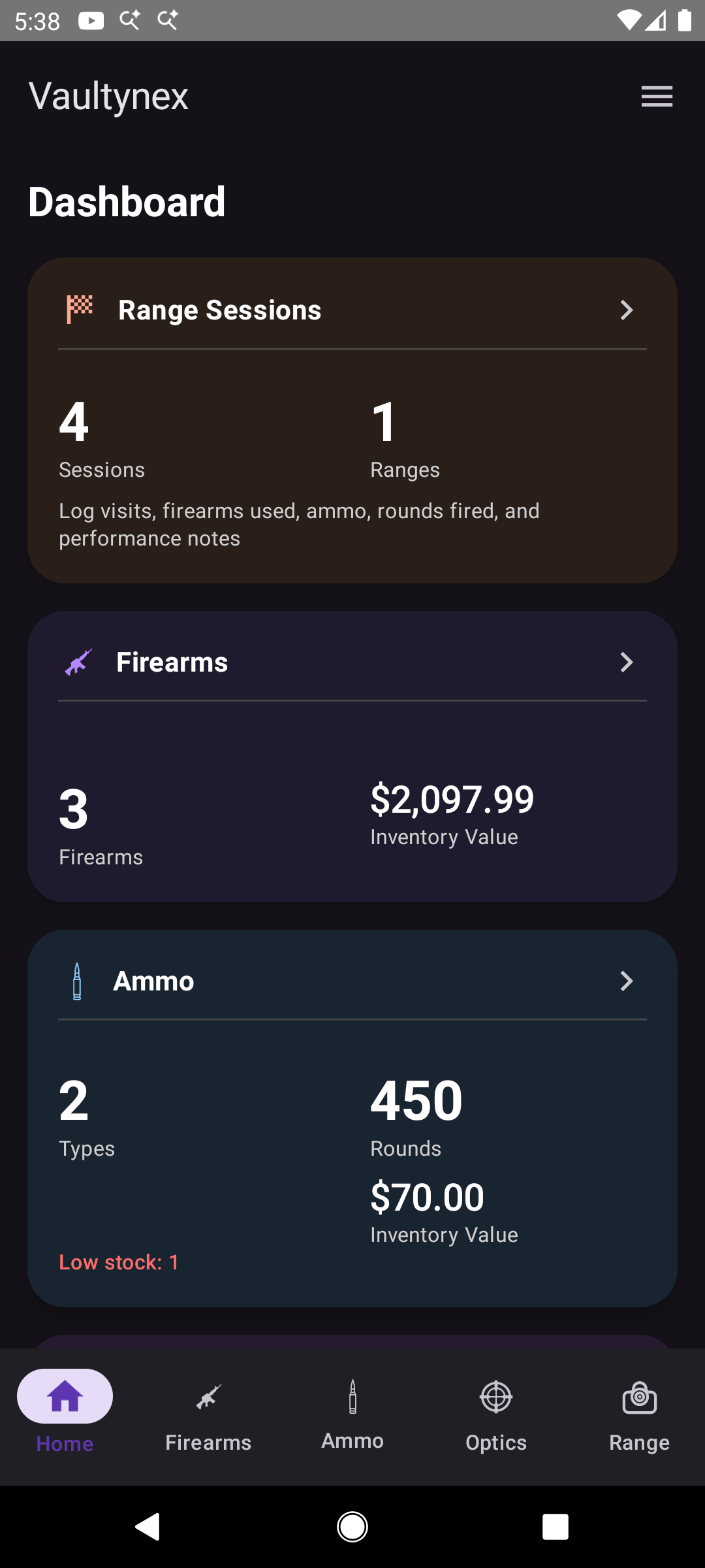 Vaultynex app dashboard showing firearm, ammo, optic, and range tracking