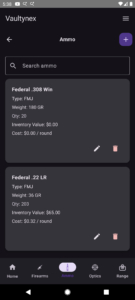 Vaultynex ammo inventory screen showing ammunition type, weight, quantity, cost per round, and inventory value.