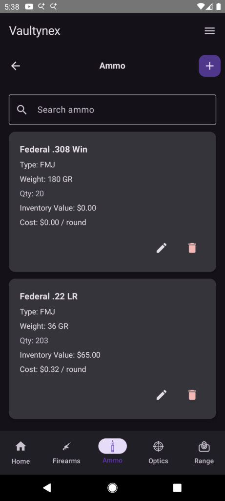 Vaultynex ammo inventory screen showing ammunition type, weight, quantity, cost per round, and inventory value.