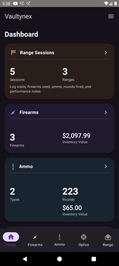 Vaultynex dashboard showing firearms ammo optics and range sessions