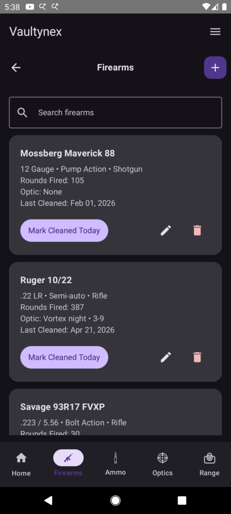 Vaultynex firearm tracking screen showing rounds fired and cleaning date