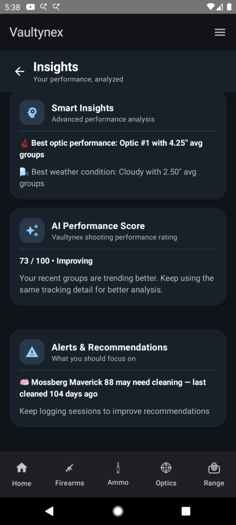 Vaultynex Smart Insights screen showing AI performance score, optic performance, weather analysis, and cleaning recommendations.